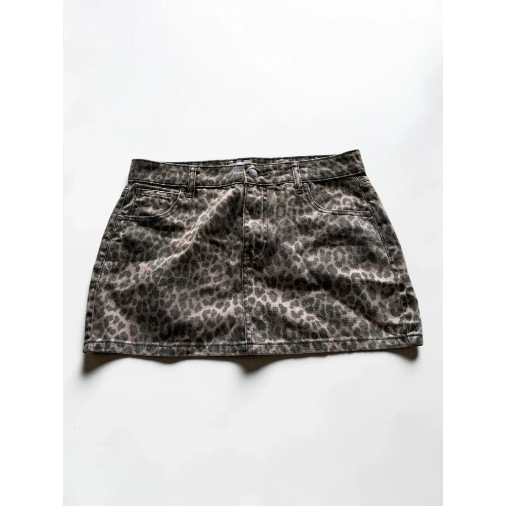 Celebrity Pink Leopard Print Denim‎ Mini Skirt Brown Black Animal Print Small